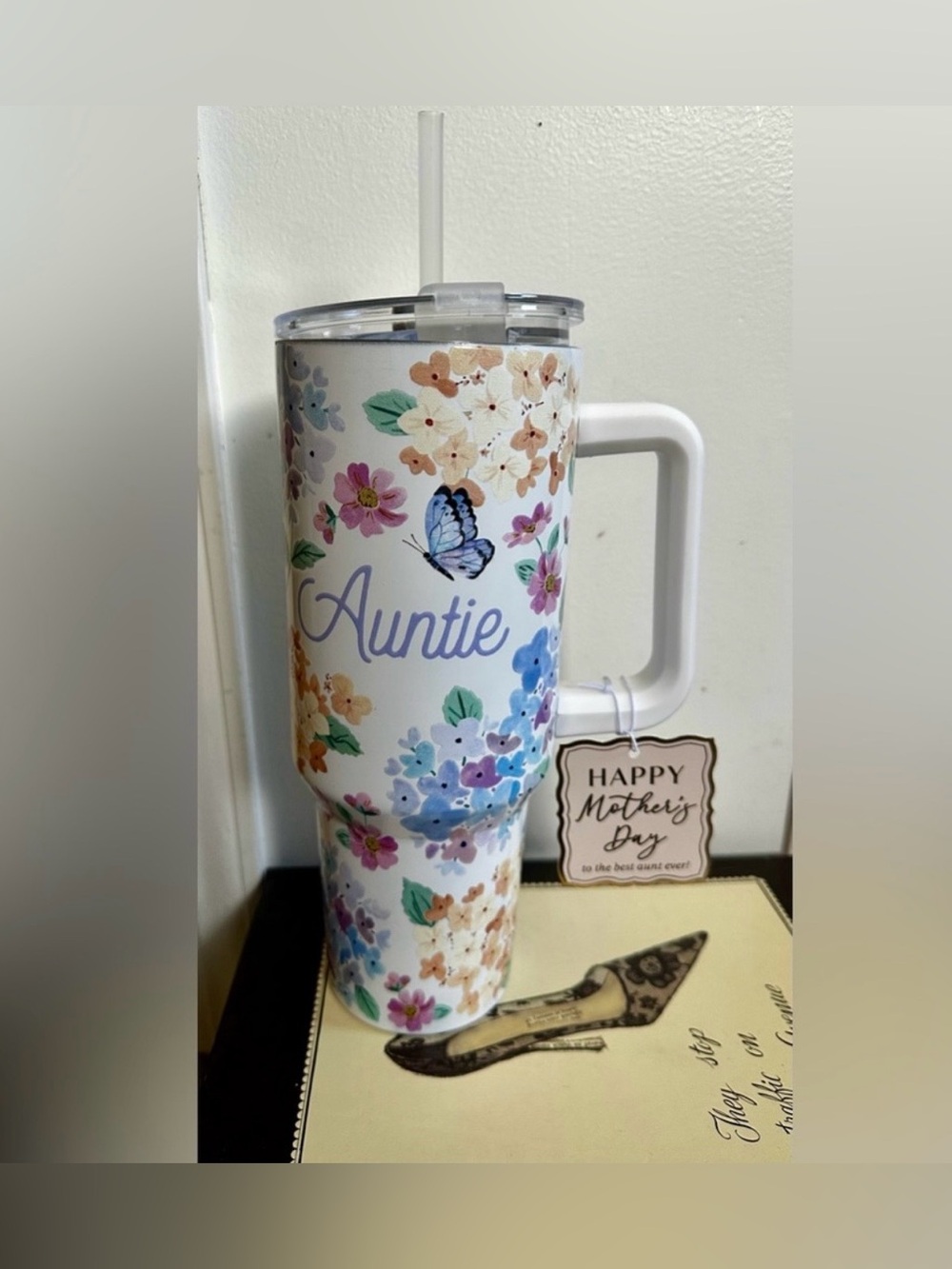Auntie Floral Butterfly Insulated Travel Tumbler - White